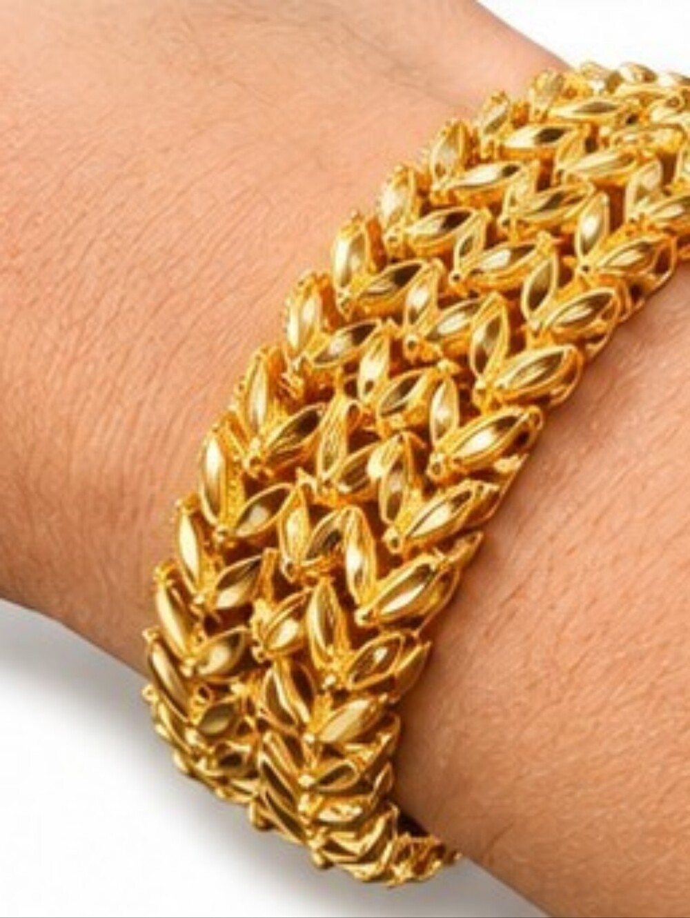 18K Gold Plated Stainless Steel Wide Laurel Leaf Chevron Statement Bracelet 8"